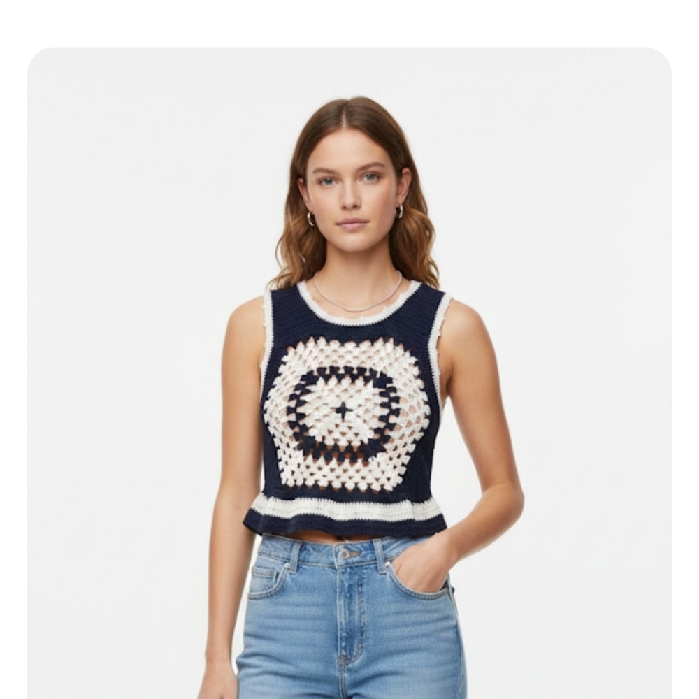 Zara Dark Blue and White Coastal Crochet Crop Top - Picture 10 of 10
